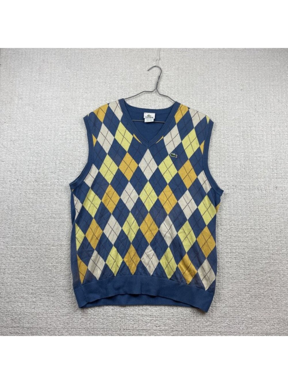VTG Lacoste Men’s V-Neck Vest Size 6 Argyle Blue / Yellow Golf Preppy Academia*